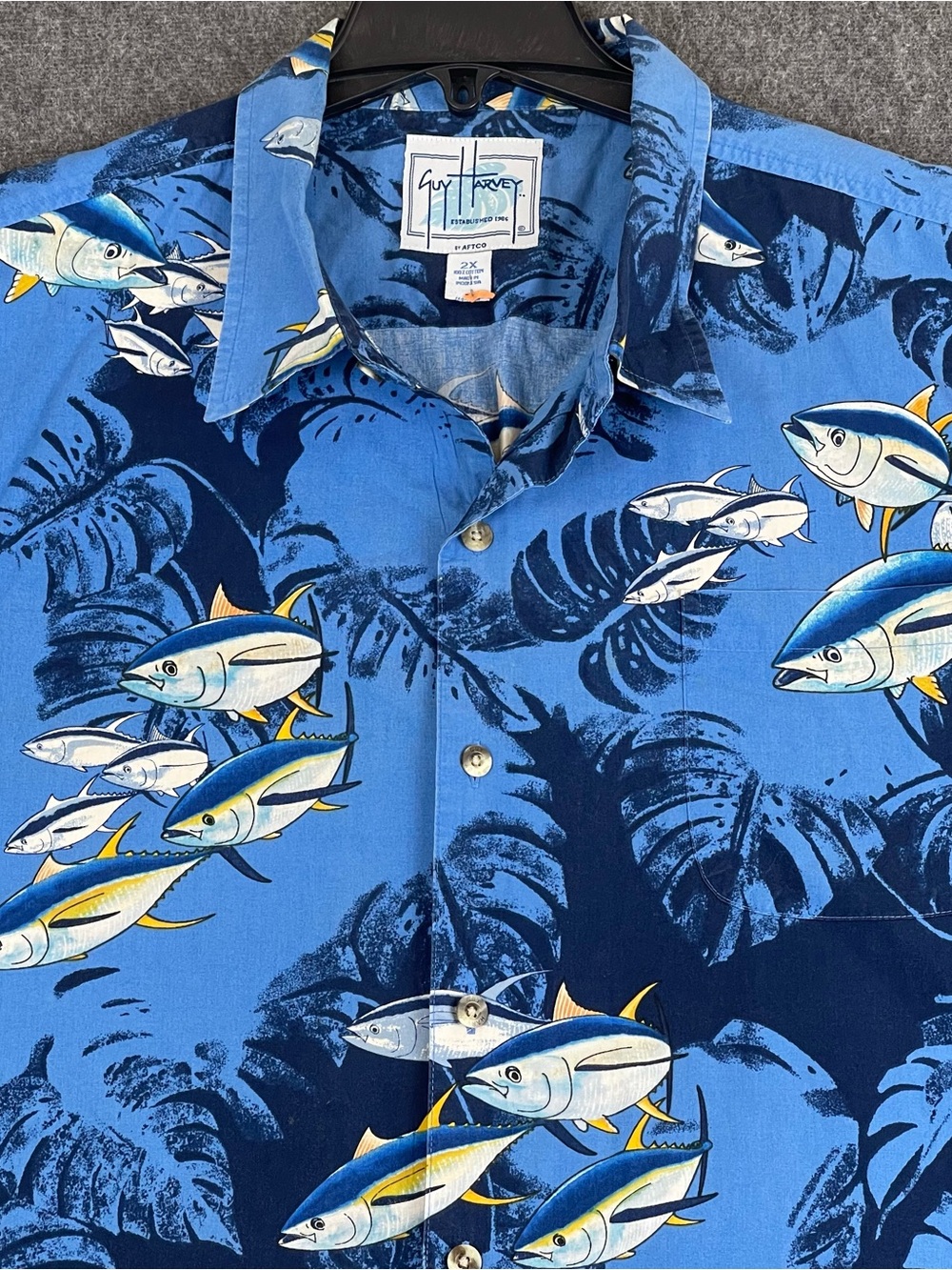 Guy Harvey AFTCO Mens 2XL Short Sleeve Hawaiian Shirt All Over Tuna Fish Print
